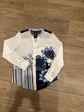 Desigual White and Blue Floral Patchwork Button-Down Shirt